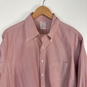 Brooks Brothers Makers Mens 17.5-5 Red White Striped Shirt Button Down Cotton